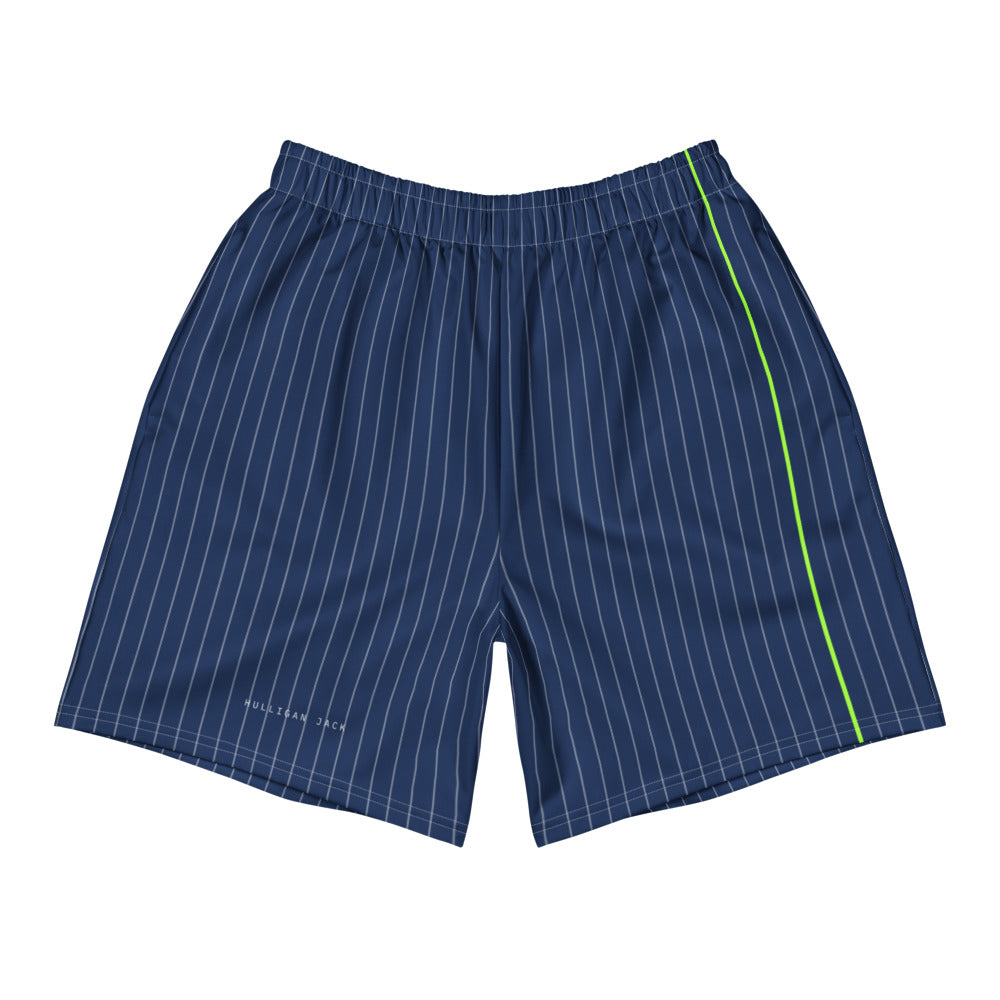 Deep cobalt Session Shorts with fine pale blue vertical lines and one green line down the leg, front view