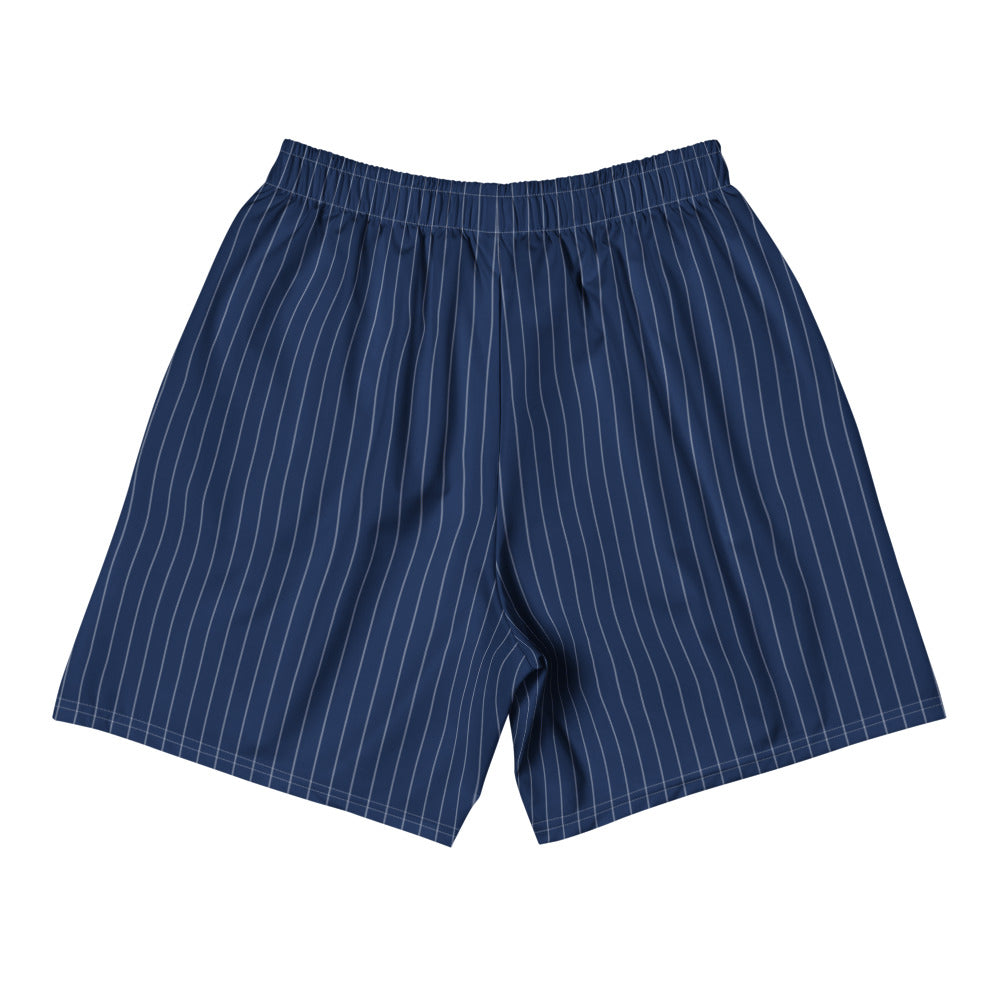 Deep cobalt Session Shorts with fine pale blue vertical lines, back view