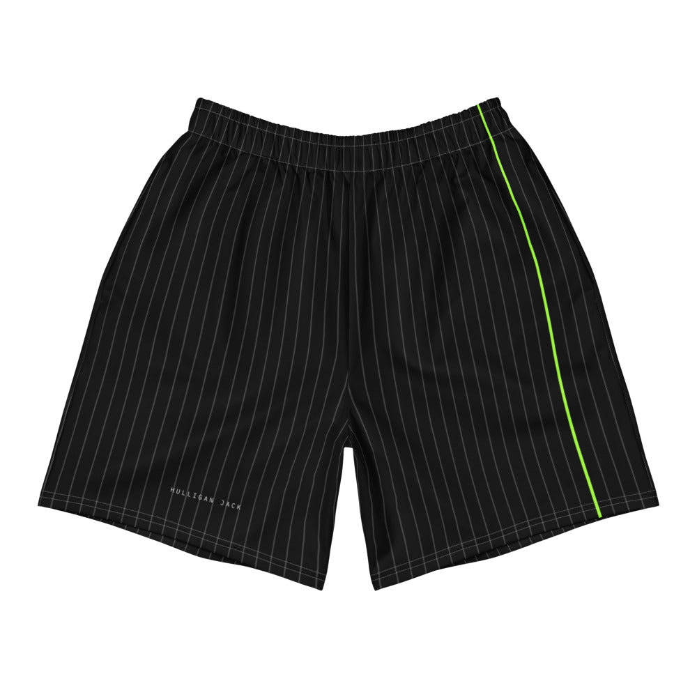 Black Session Shorts with fine grey vertical lines and one green line down the leg, front view