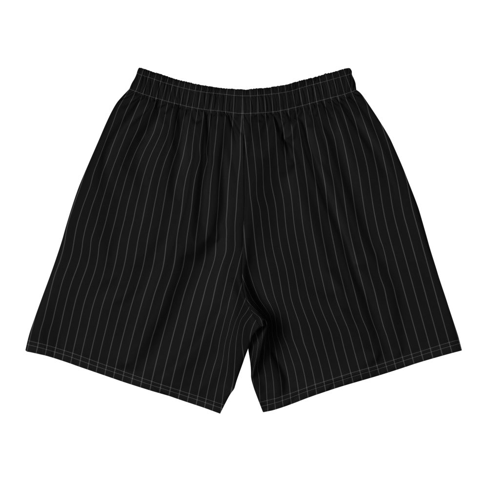 Black Session Shorts with fine grey vertical lines, back view