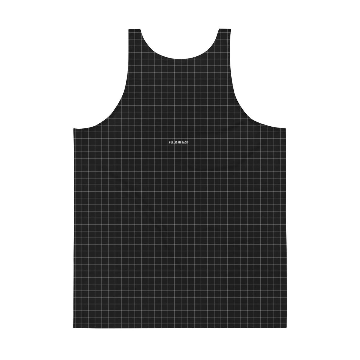 Back of the black Session Tank with a fine grey grid and the name Hulligan Jack in small white letters below the neckline