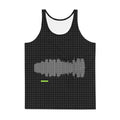 Black Session Tank with a fine grey grid and white vertical lines across the chest, with a short green bar below the lines