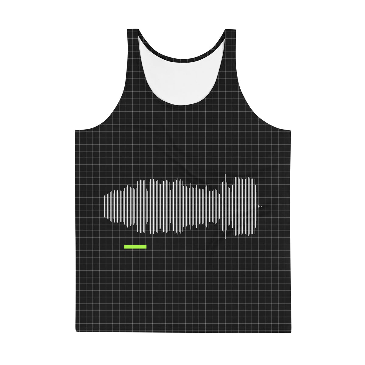 Black Session Tank with a fine grey grid and white vertical lines across the chest, with a short green bar below the lines
