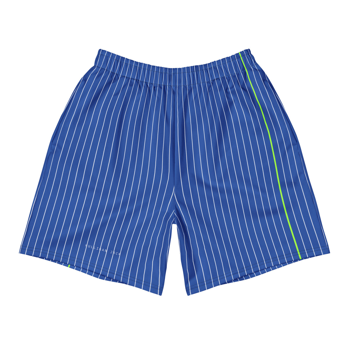 Cobalt Session Shorts with fine white vertical lines and one green line down the leg, front view