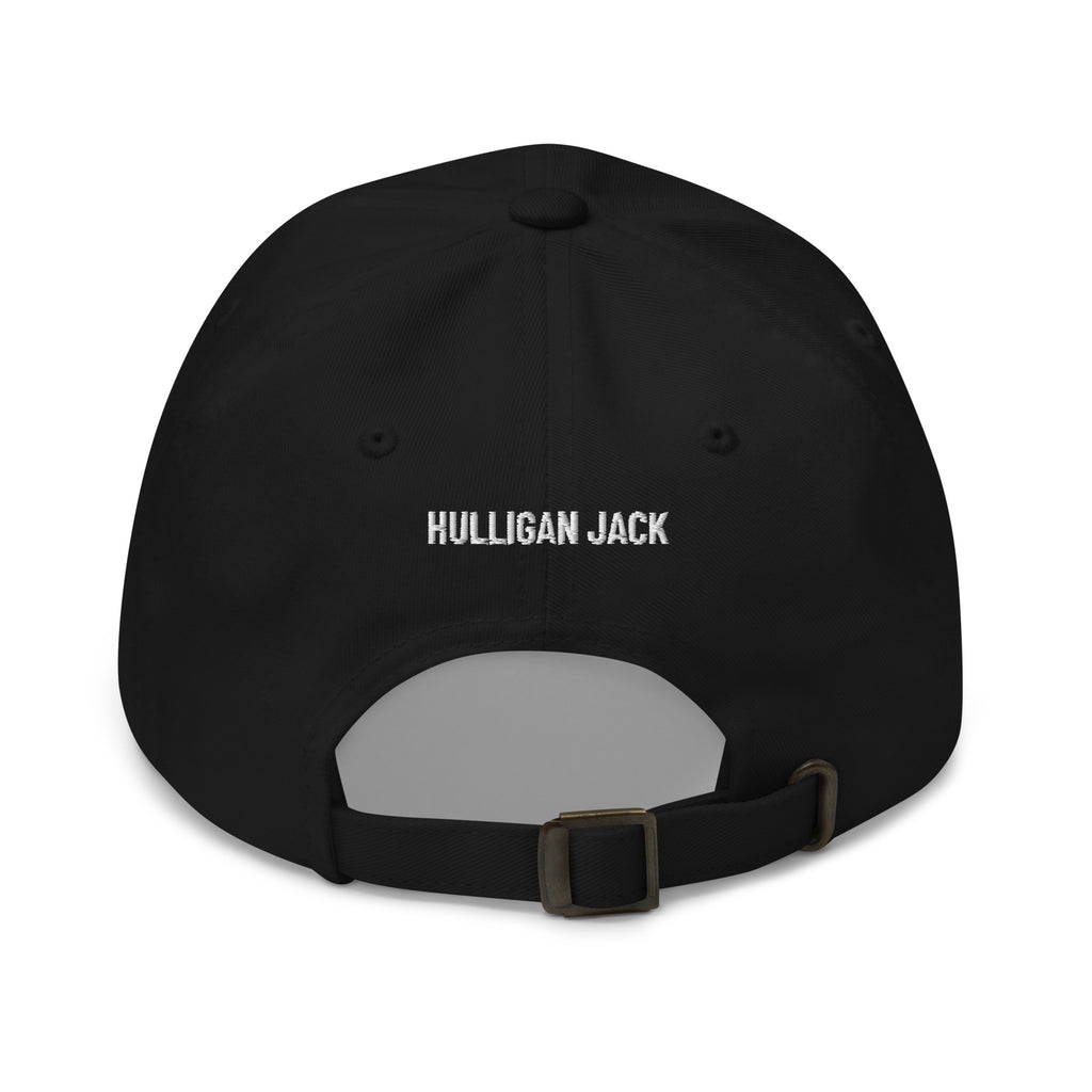 Black Session Cap with HULLIGAN JACK stitched in white on the back, above the strap and buckle, back view