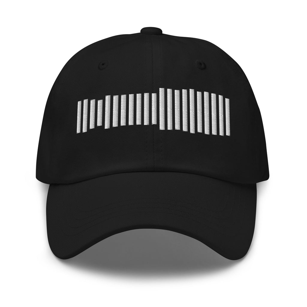 Black Session Cap with a sound wave of white vertical bars stitched on the front, front view