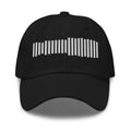Black Session Cap with a sound wave of white vertical bars stitched on the front, front view