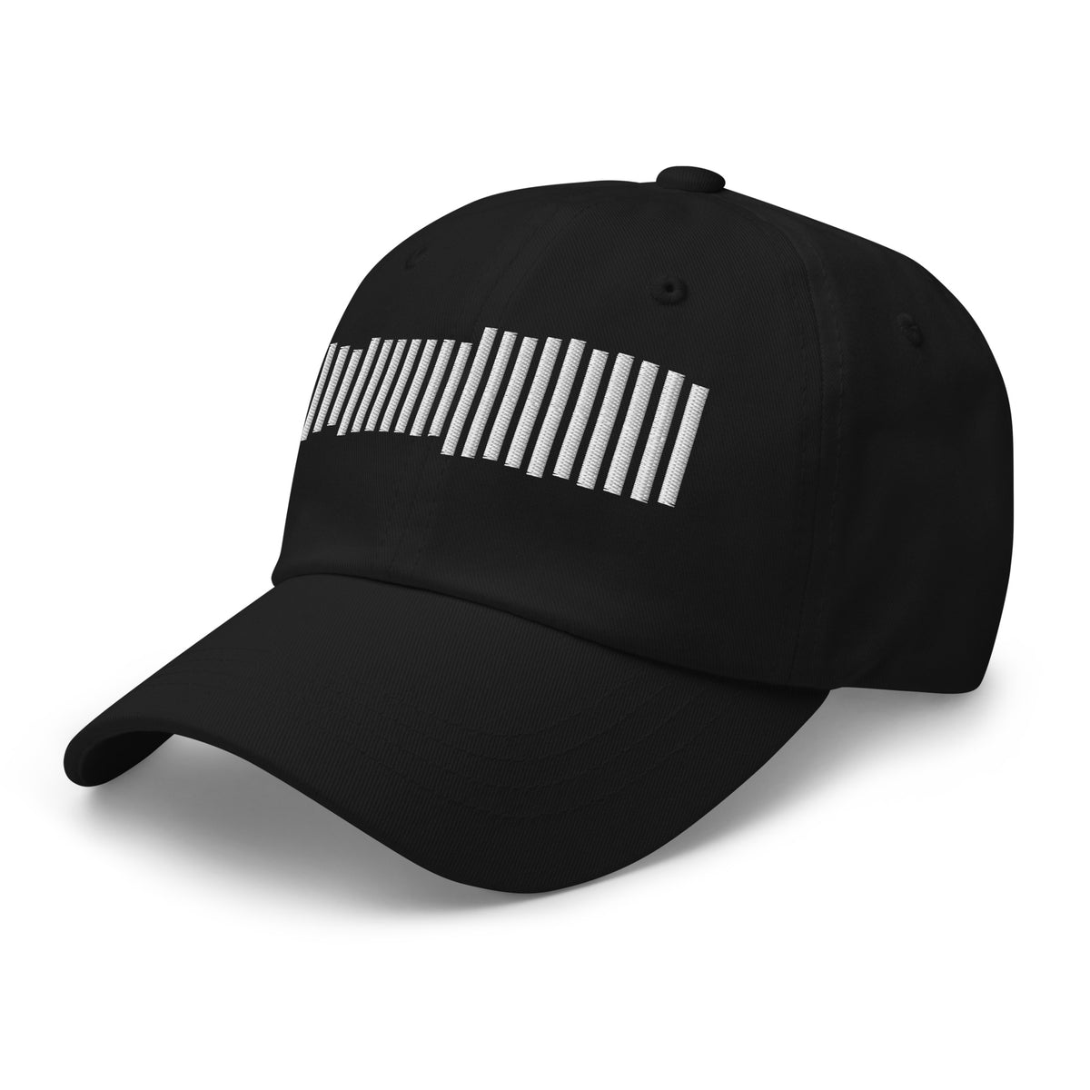 Black Session Cap with a sound wave of white vertical bars stitched on the front, left front view