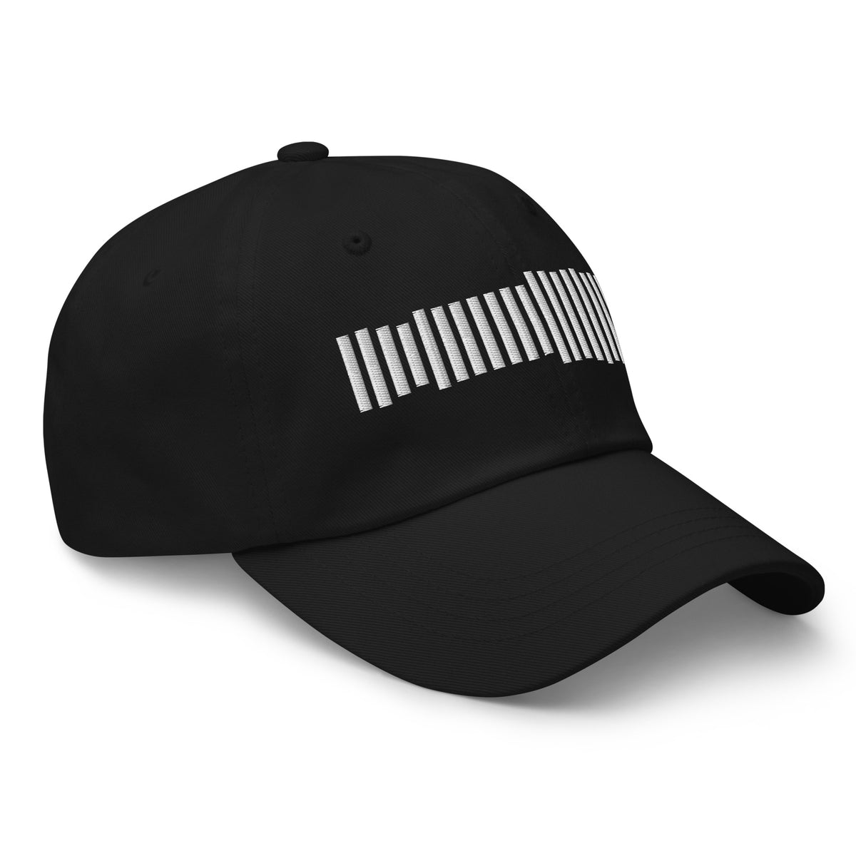 Black Session Cap with a sound wave of white vertical bars stitched on the front, right front view