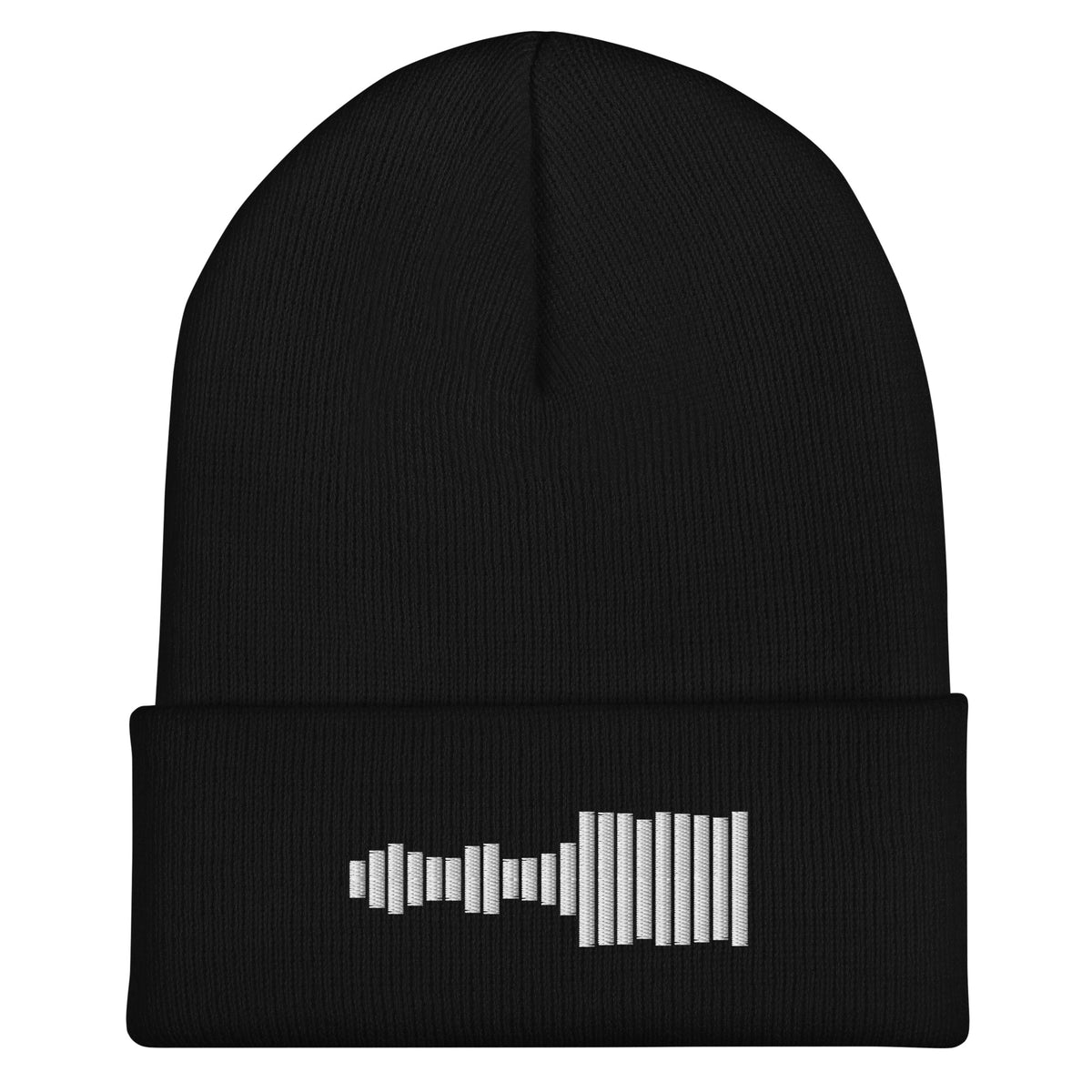 Black Session Beanie with white vertical lines embroidered on the folded cuff