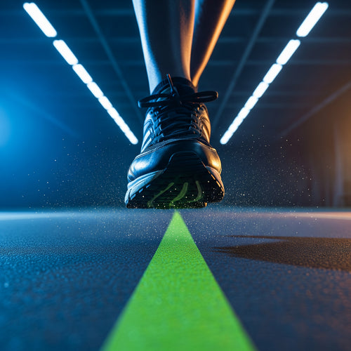 A running shoe about to land on a bright green line