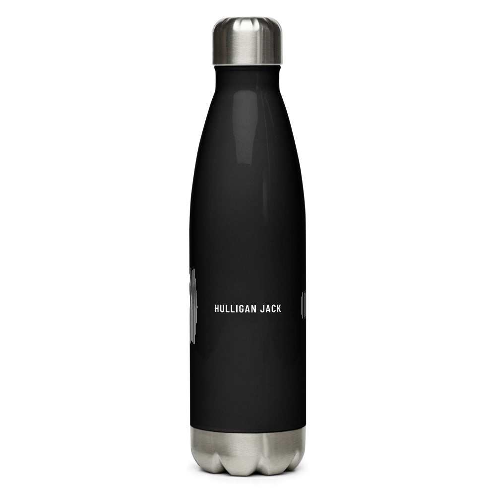 Black Session Bottle with a steel cap and base, the name Hulligan Jack in small white letters in the middle and white vertical lines at both edges