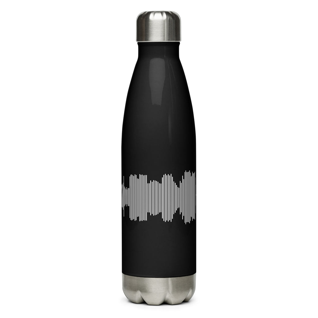 Black Session Bottle with a steel cap and base and white vertical lines across it, front view
