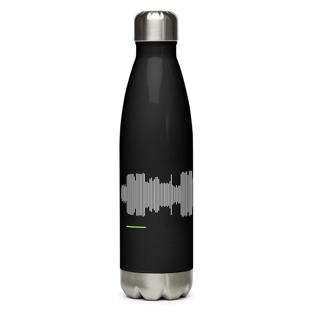 Black Session Bottle with a steel cap and base, white vertical lines across it and a short green bar below the lines on the left