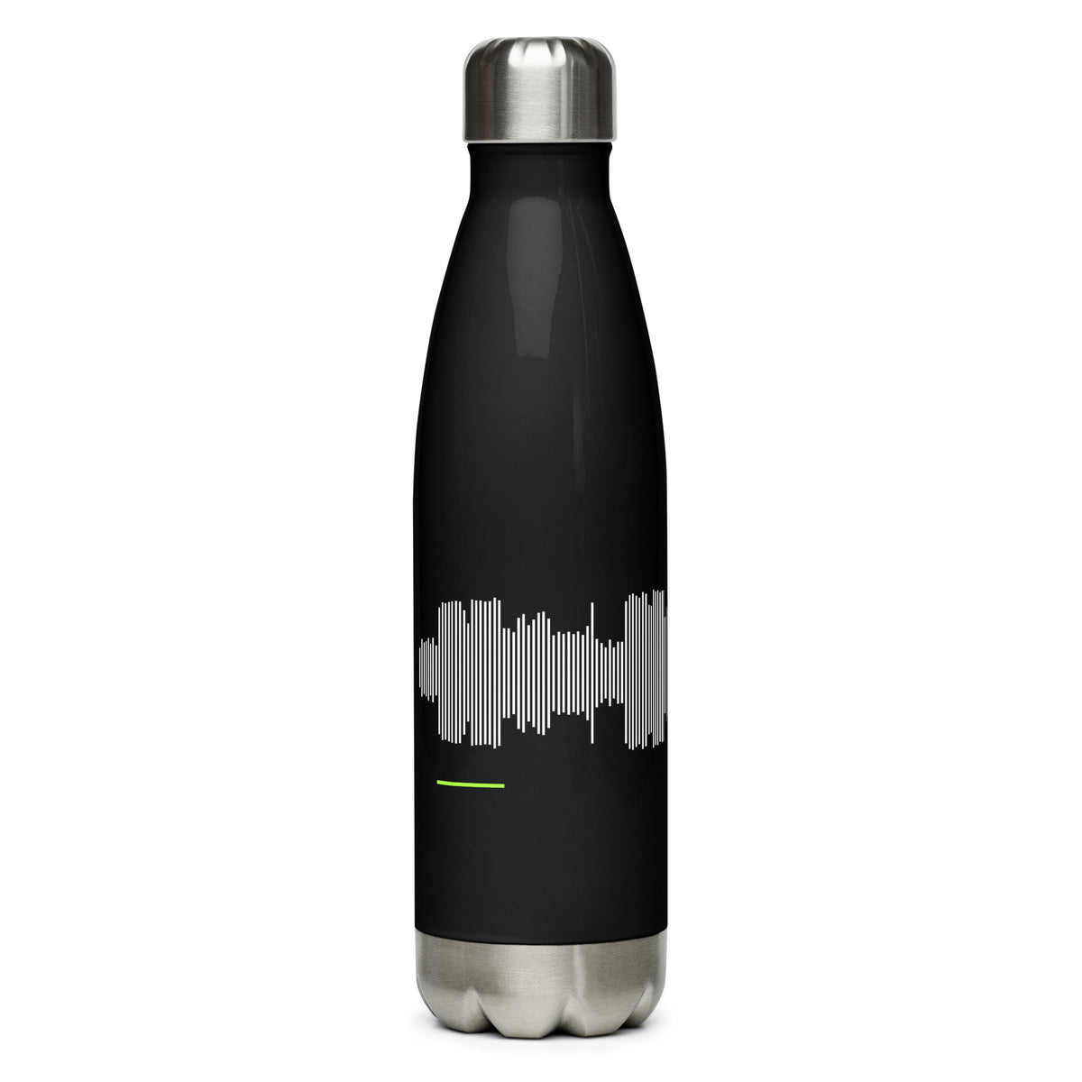 Black Session Bottle with a steel cap and base, white vertical lines across it and a short green bar below the lines on the left